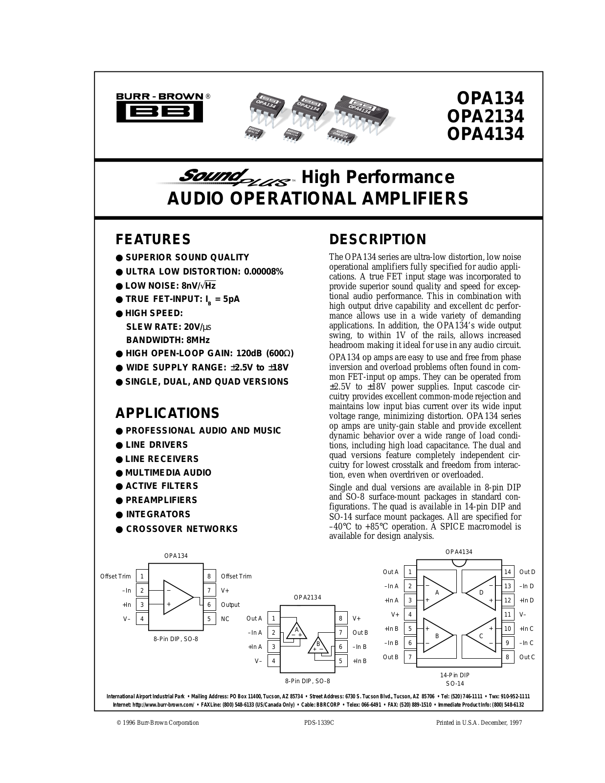 Burr Brown OPA2134UA, OPA4134PA, OPA4134UA-2K5, OPA4134UA, OPA2134UA-2K5 Datasheet