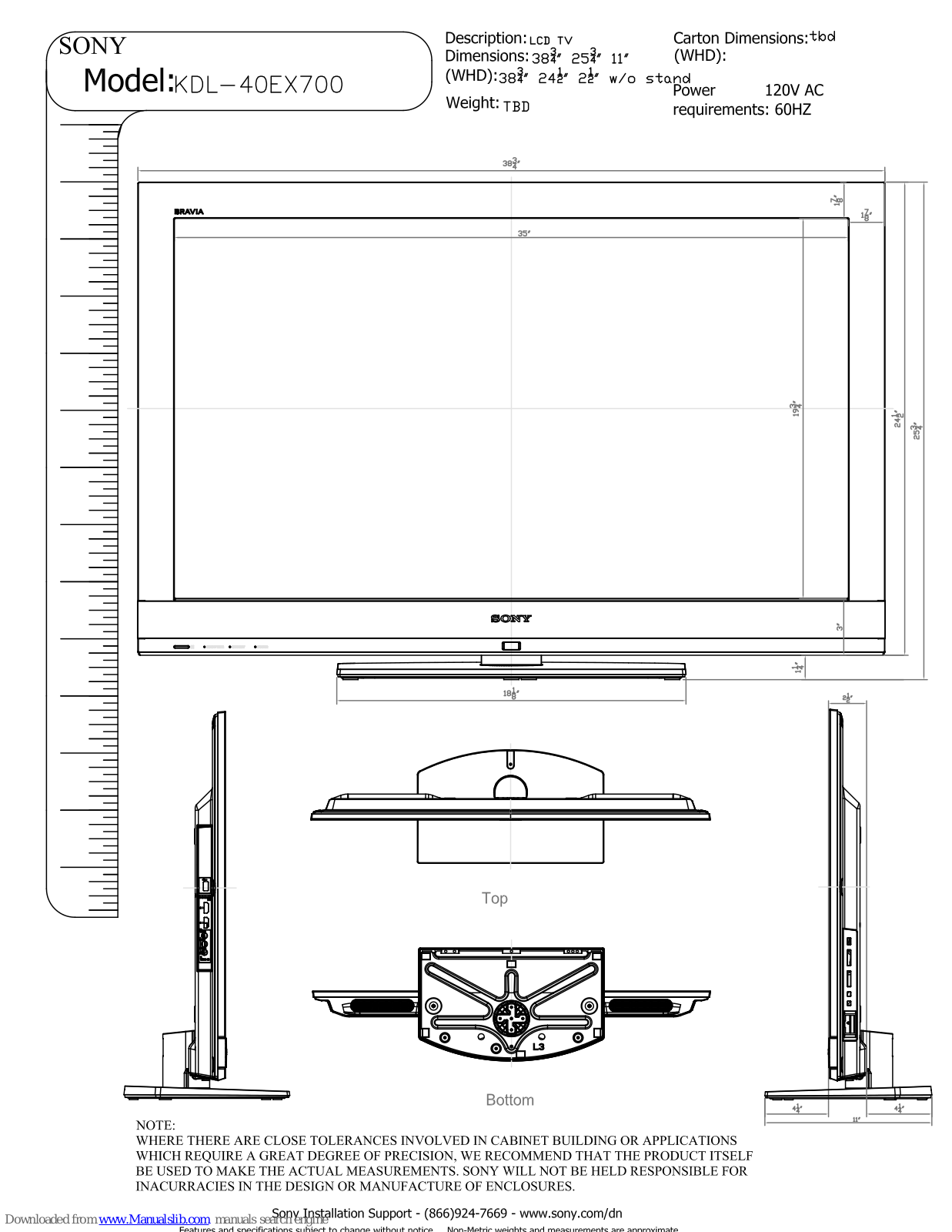 Sony KDL-40EX700 - Bravia Ex Series Lcd Television Dimensions