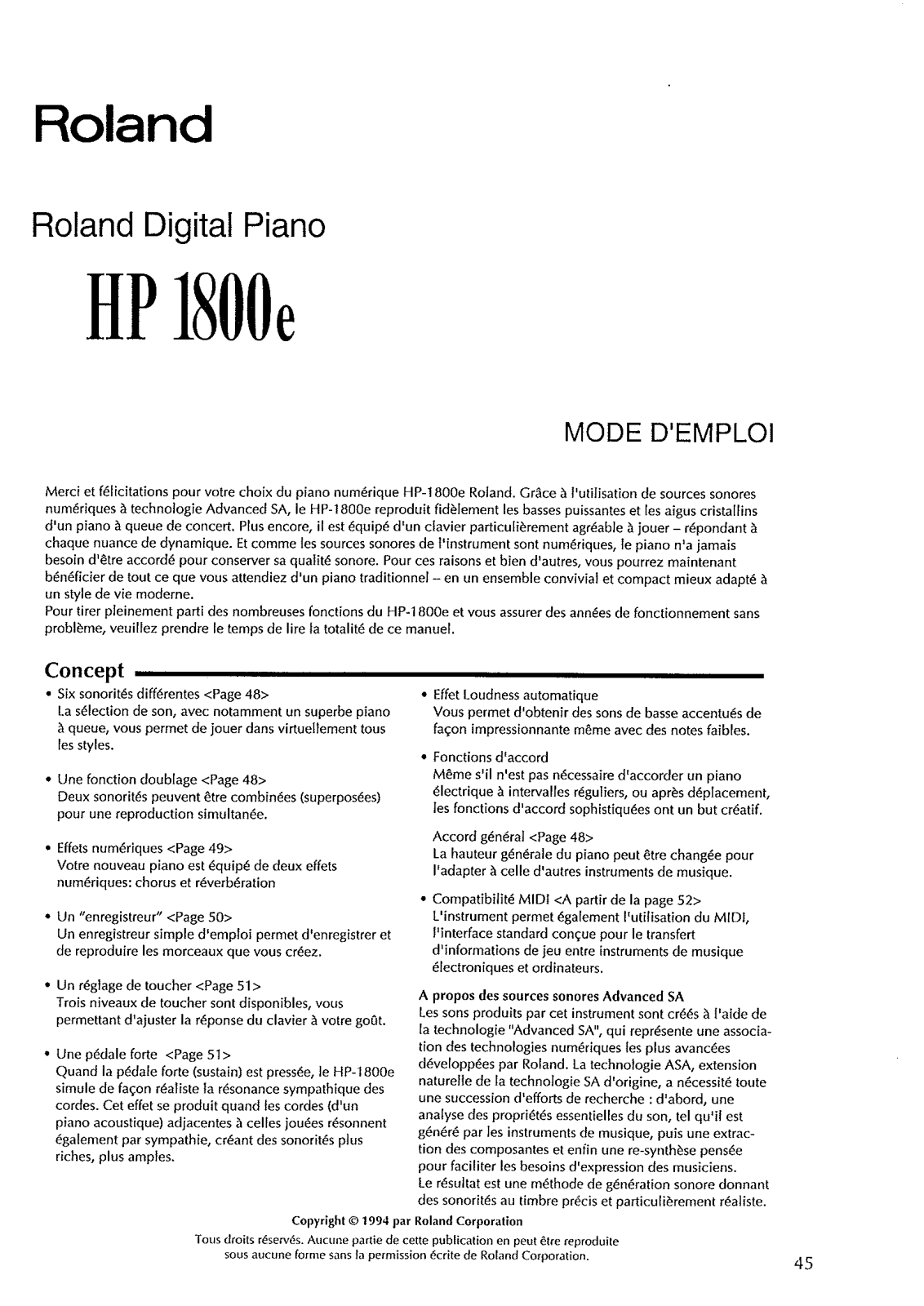 Roland HP-1800E User Manual