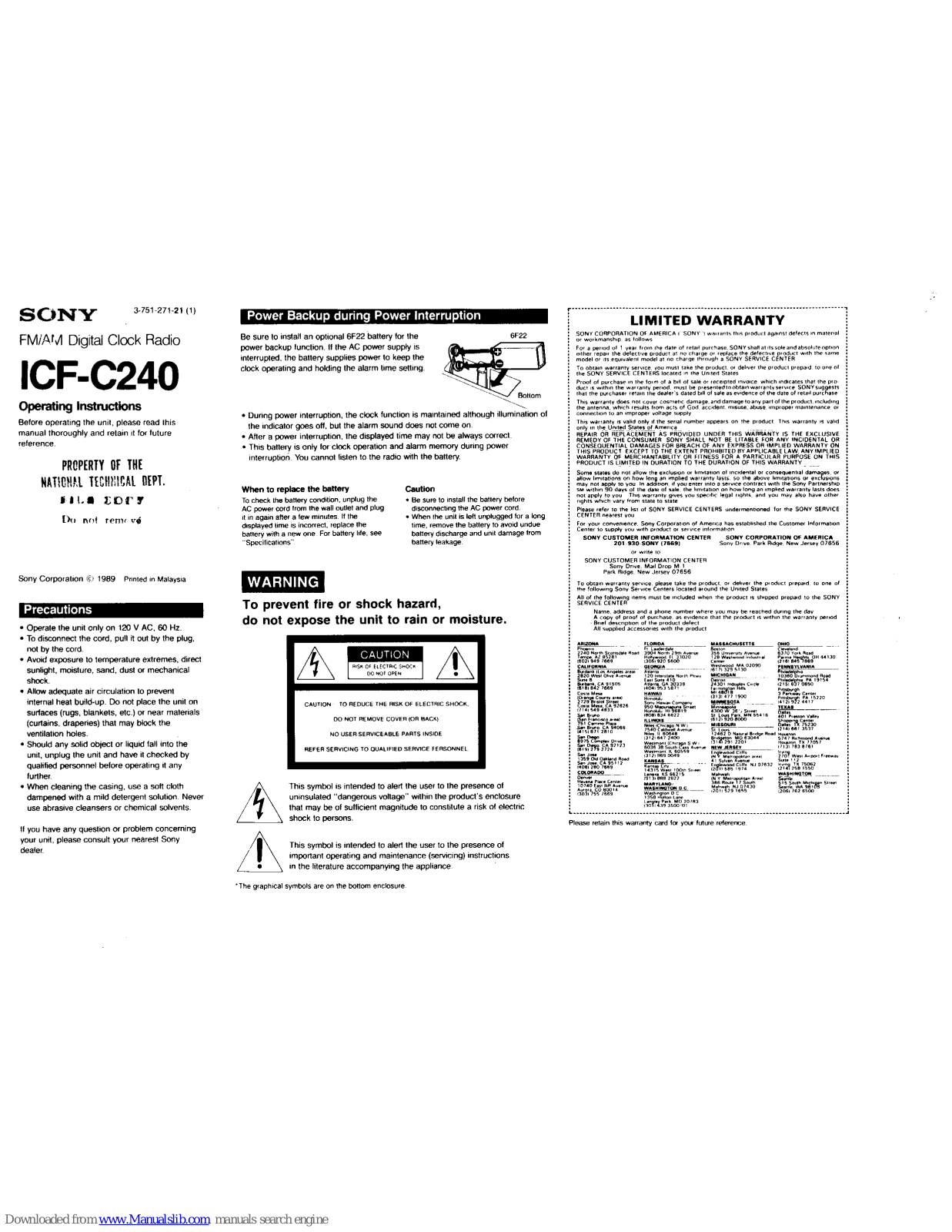 Sony ICF-C240BEIGE Primary, ICF-C240GRAY, ICF-C240WHITE, ICF-C240 Operating Instructions Manual