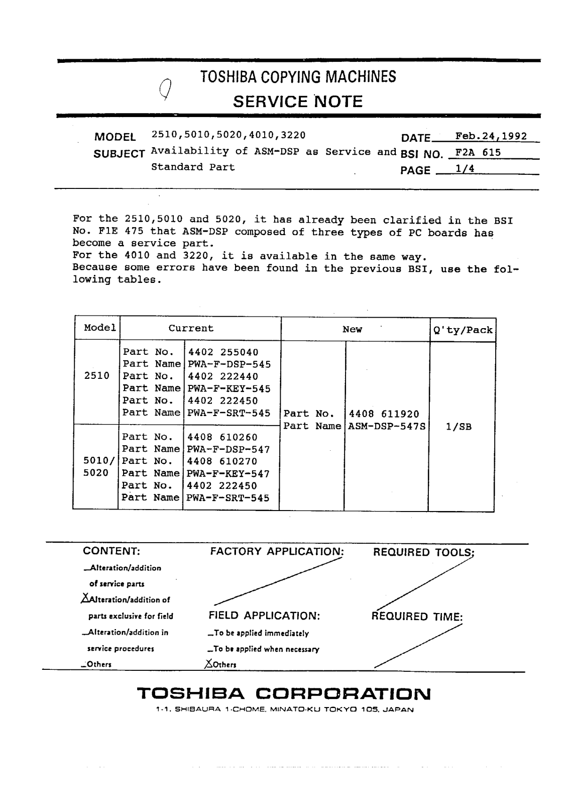 Toshiba f2a615 Service Note