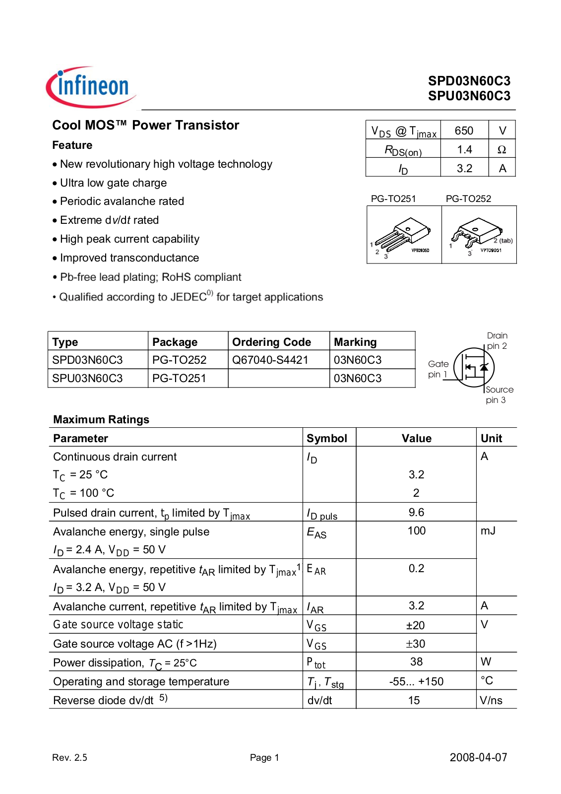 INFINEON SPD03N60C3, SPU03N60C3 User Manual