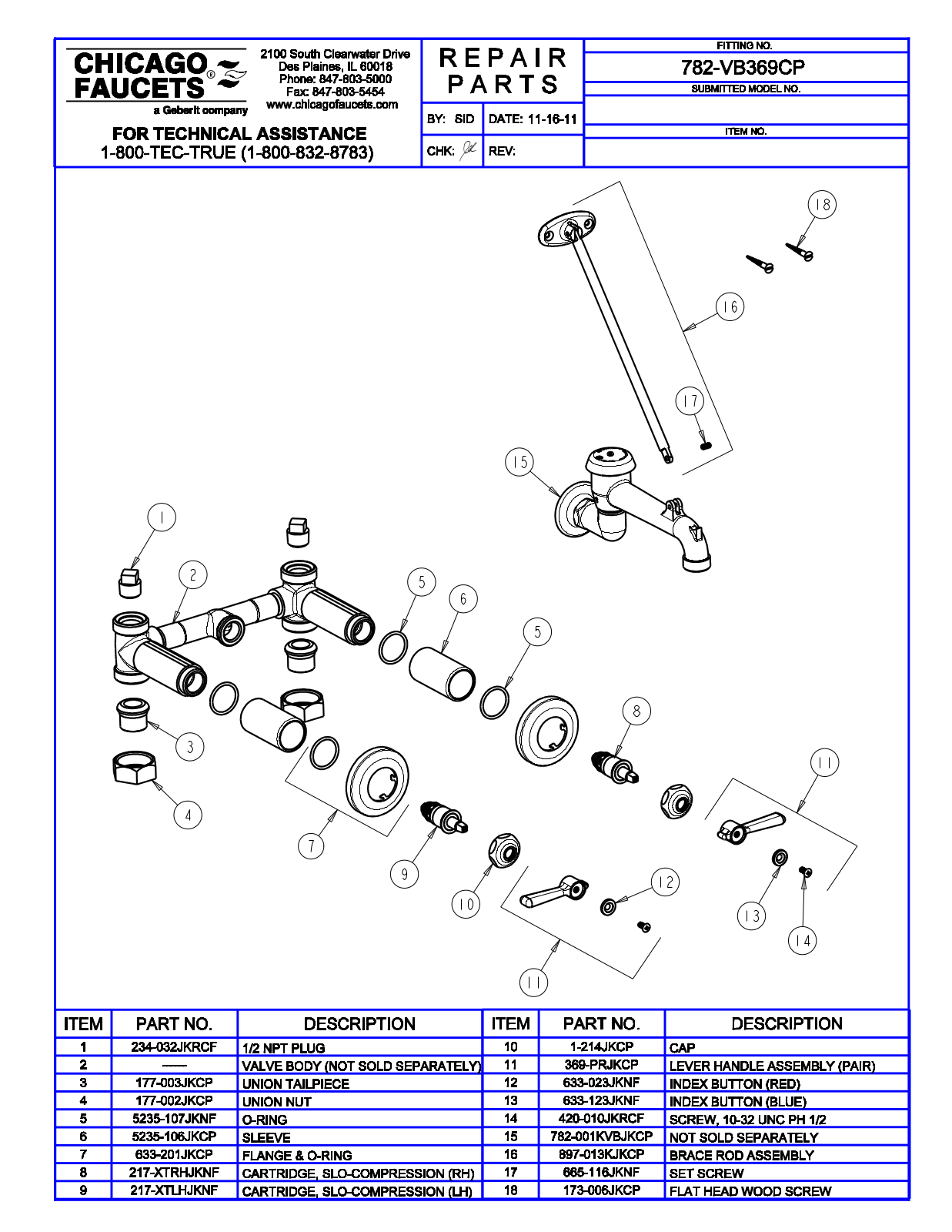 Chicago Faucet 782-VB369CP Parts List