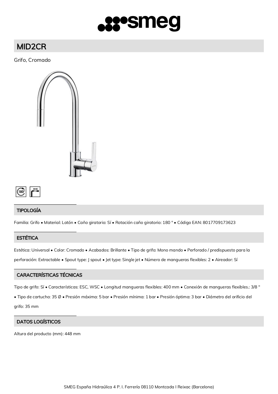 Smeg MID2CR Product Information Sheet