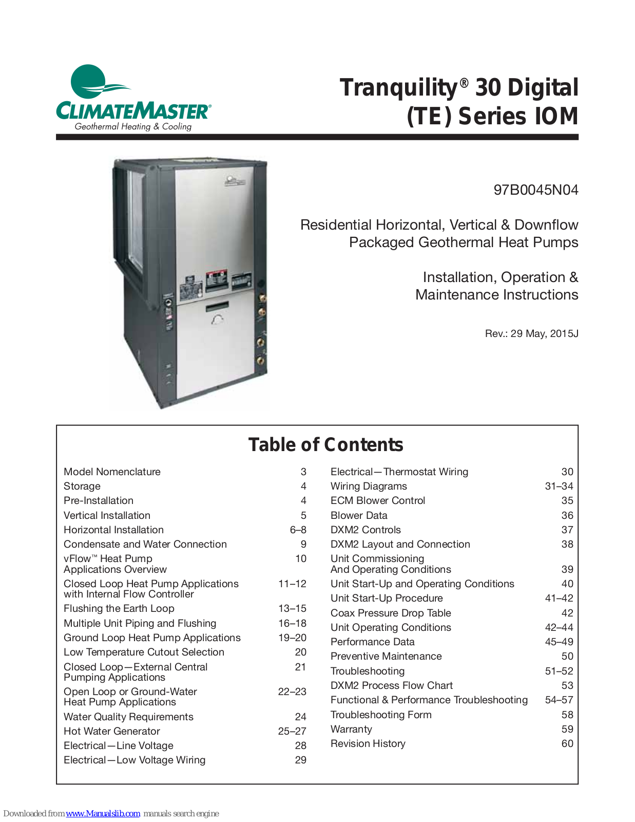 ClimateMaster Tranquility 30 TE026, Tranquility 30 TE049, Tranquility 30 TE064, Tranquility 30 TE038, Tranquility 30 TE072 Installation, Operation & Maintenance Instructions Manual