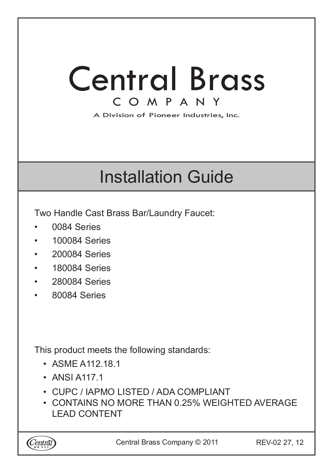 CENTRAL BRASS 0084 Installation  Manual