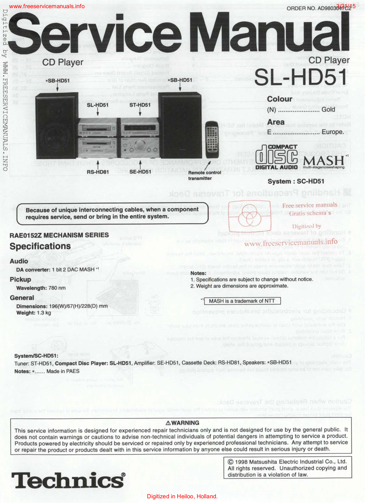 Technics SL-HD51, SE-HD301, SU-V460, RC-AZ7, SL-HD301 Service Manual