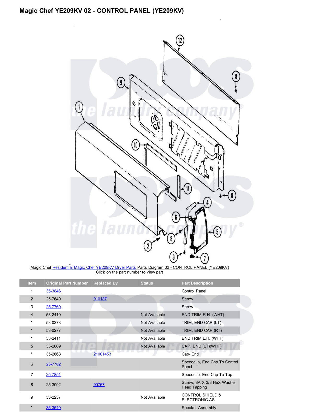 Magic Chef YE209KV Parts Diagram