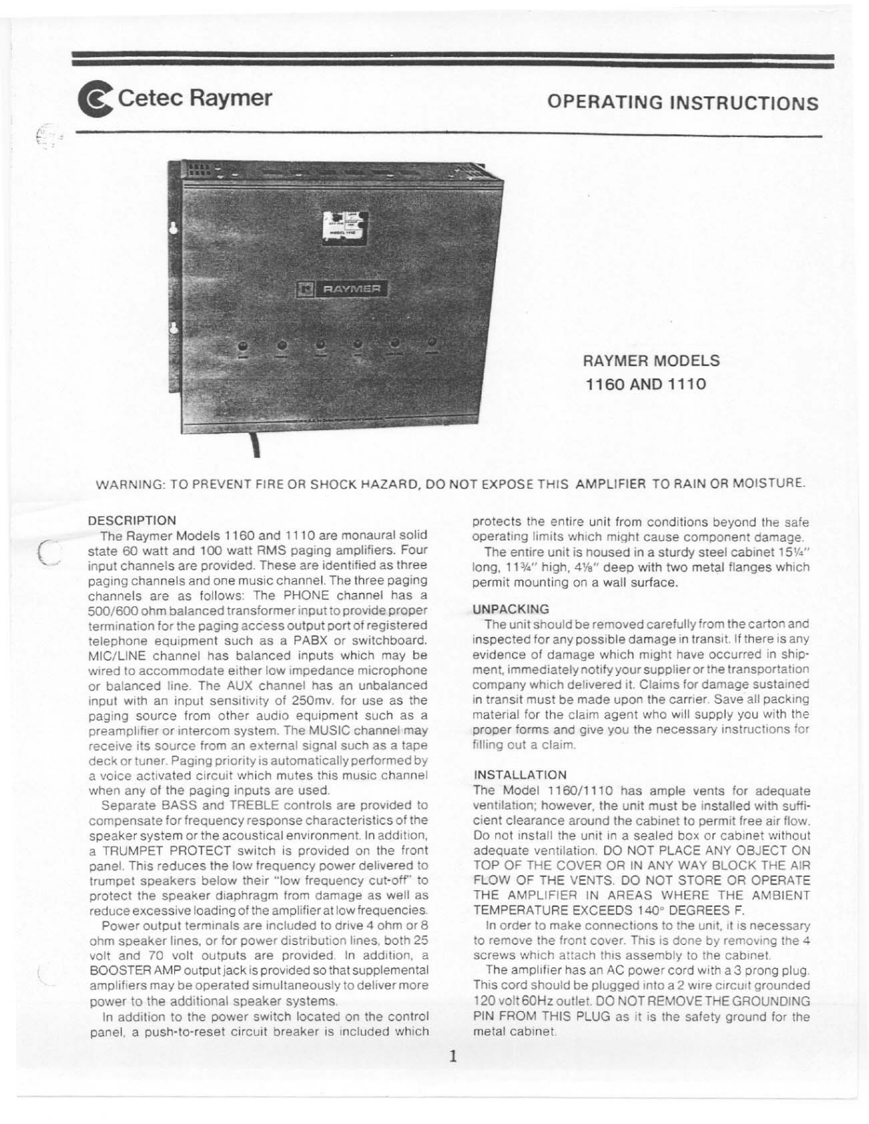 Cetec Raymer 1110, 1160 User Manual