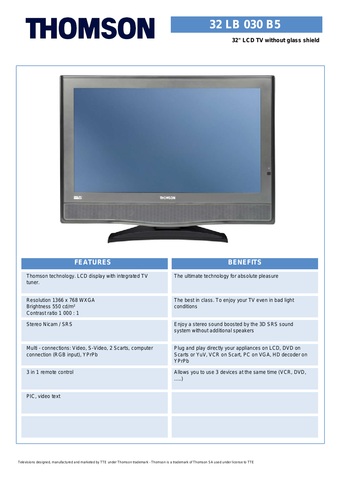 Technicolor - Thomson 32LB030B5 User Manual