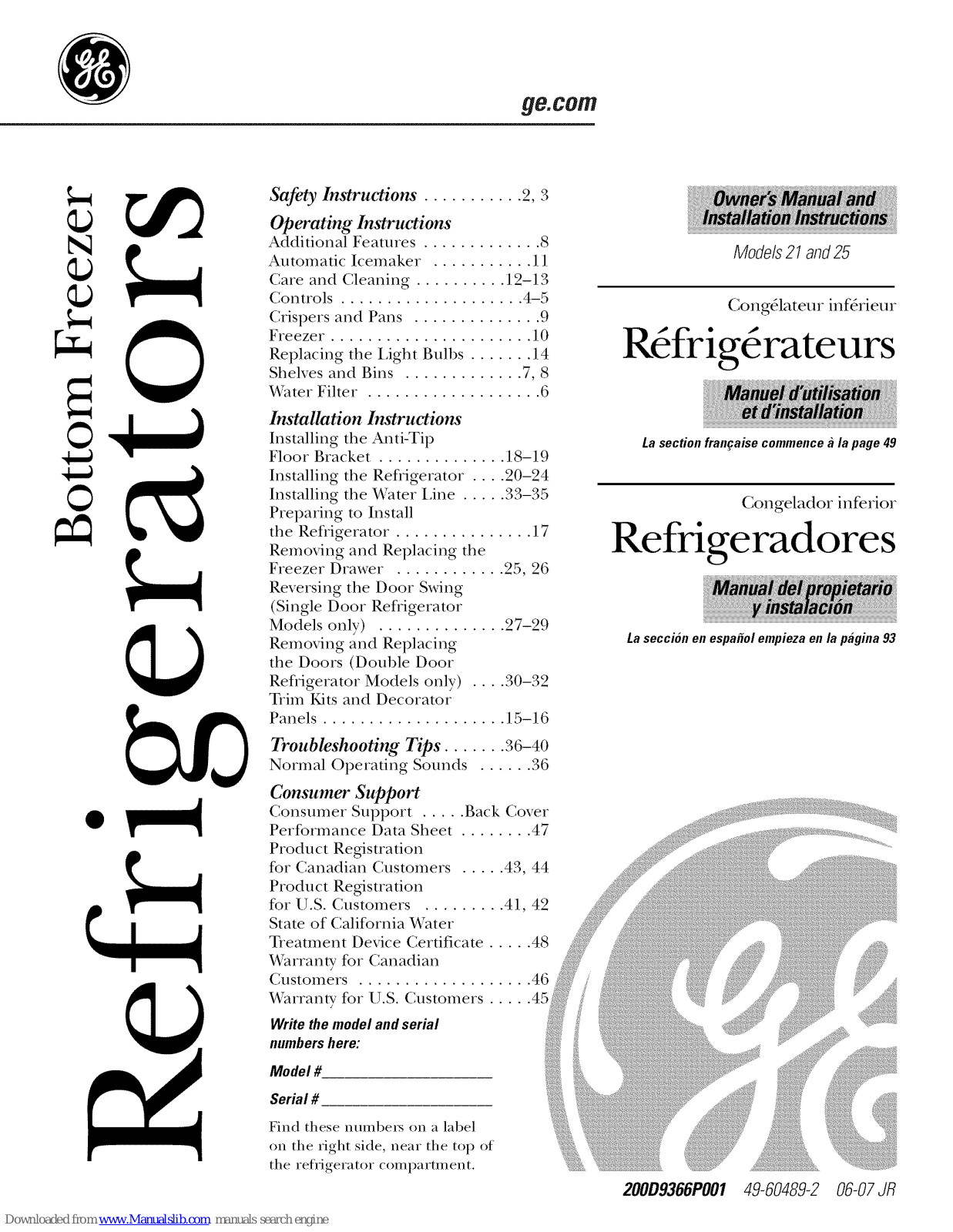 GENERAL ELECTRIC PFCF1PJYWW, PFSF5PJYBB, PFSF5PJXWW, PFSF5PJXBB, PFSF5NJXCC User Manual - ManualMachine.com