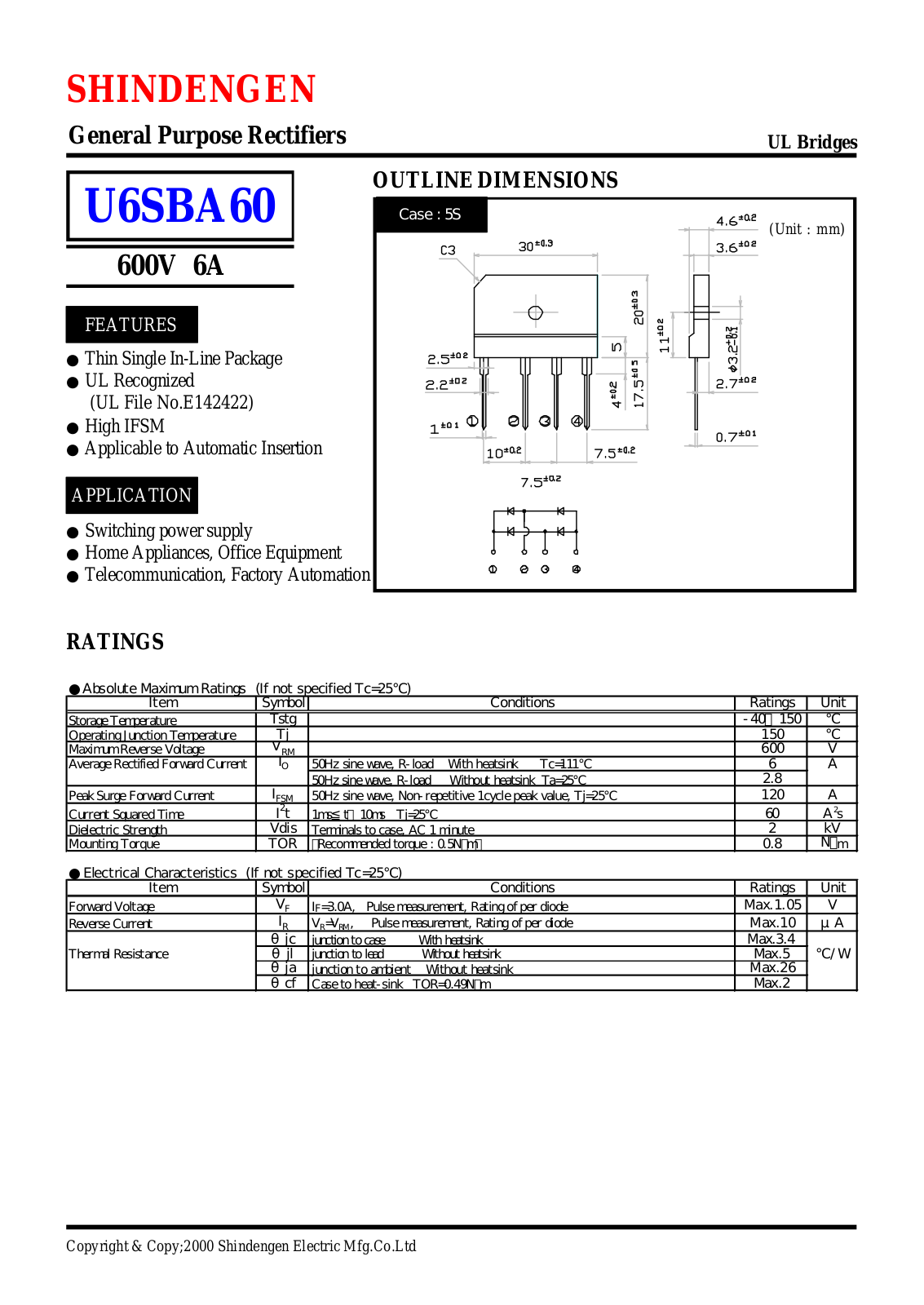 Shindengen Electric Manufacturing Company Ltd U6SBA60 Datasheet