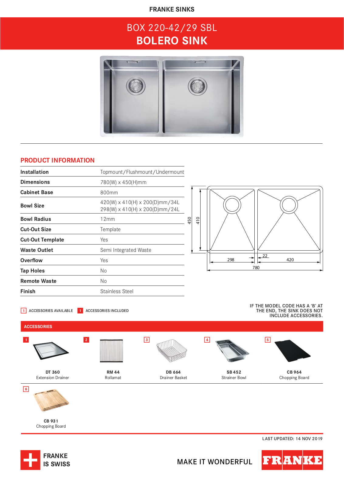 Franke BOX220-42/29SBL Specifications Sheet