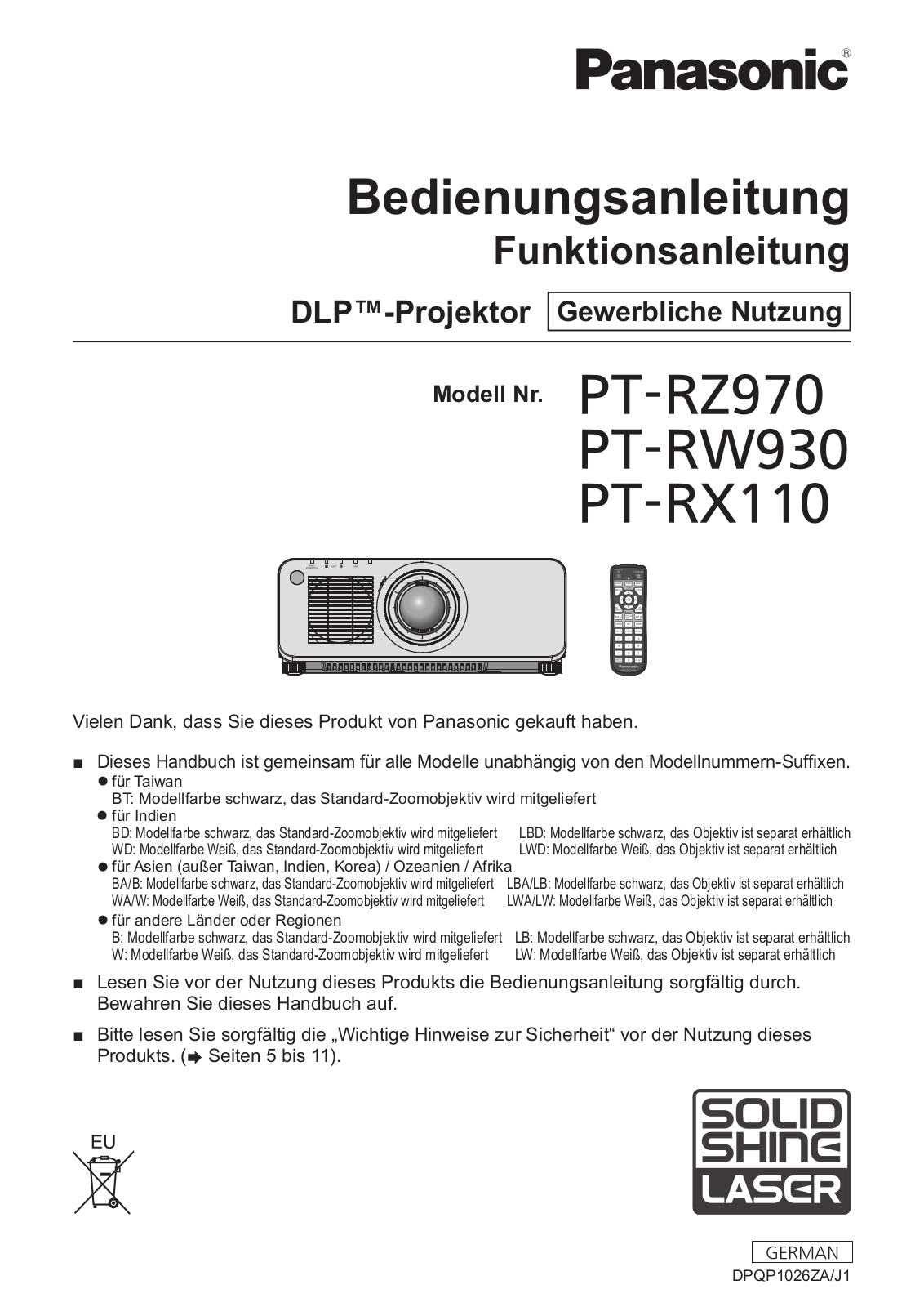 Panasonic PT-RZ970BE operation manual