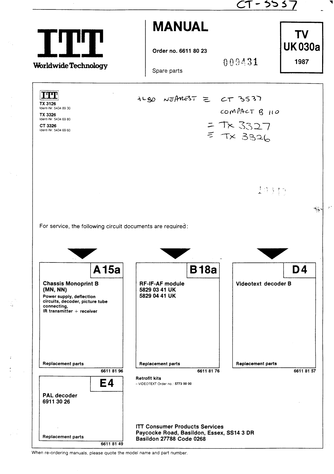 ITT TX3126, TX3326, CT3326, CT3537, TX3327 Schematic