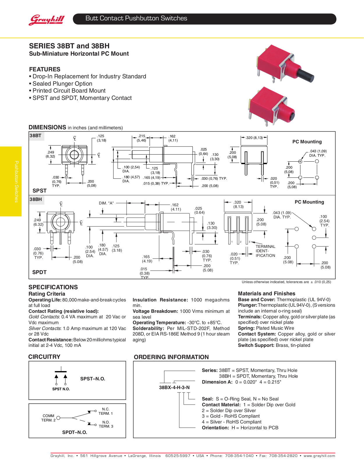 Grayhill Pushbutton switches Butt Contact 38BH User Manual