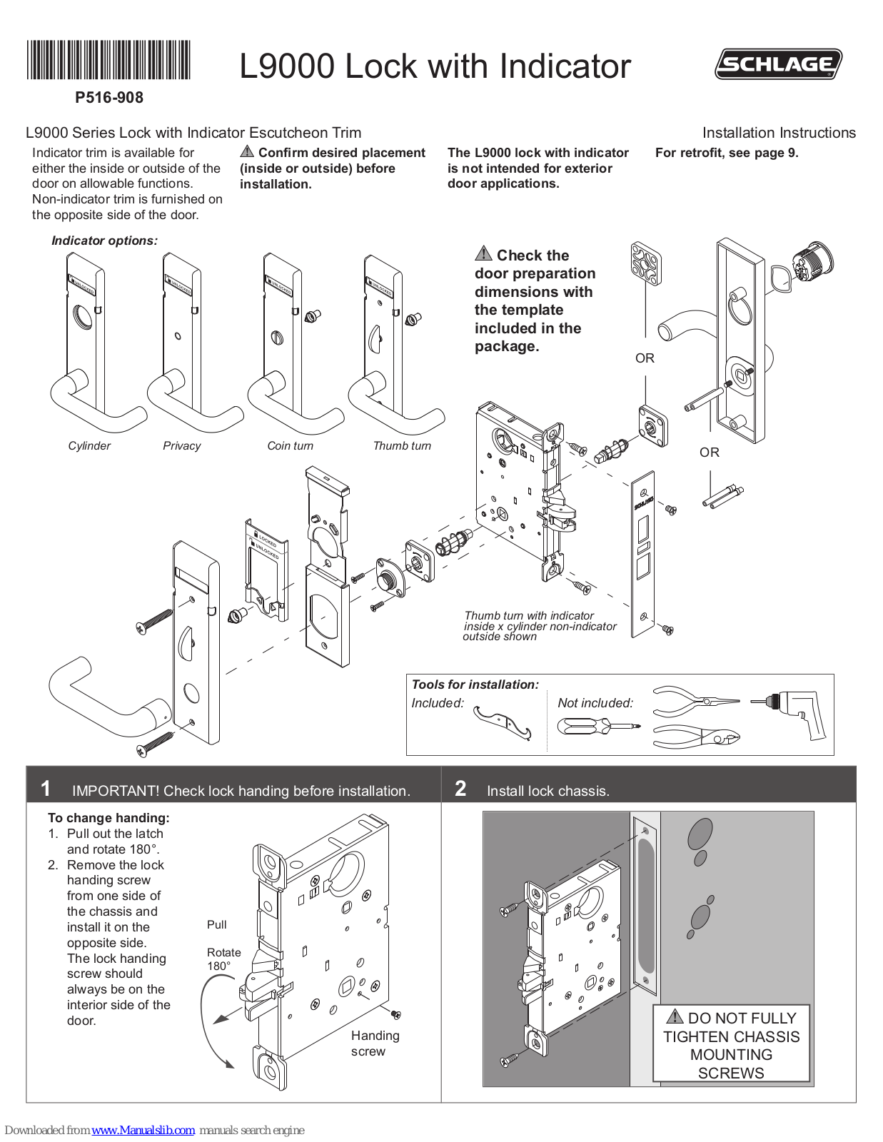 Schlage L9000 Series,L9040,L9056,L9044 Installation Instructions Manual