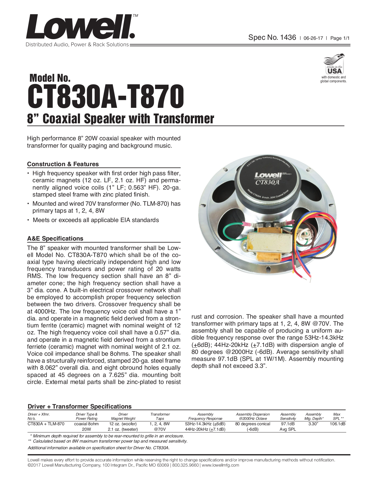 Lowell CT830A-T870 Datasheet