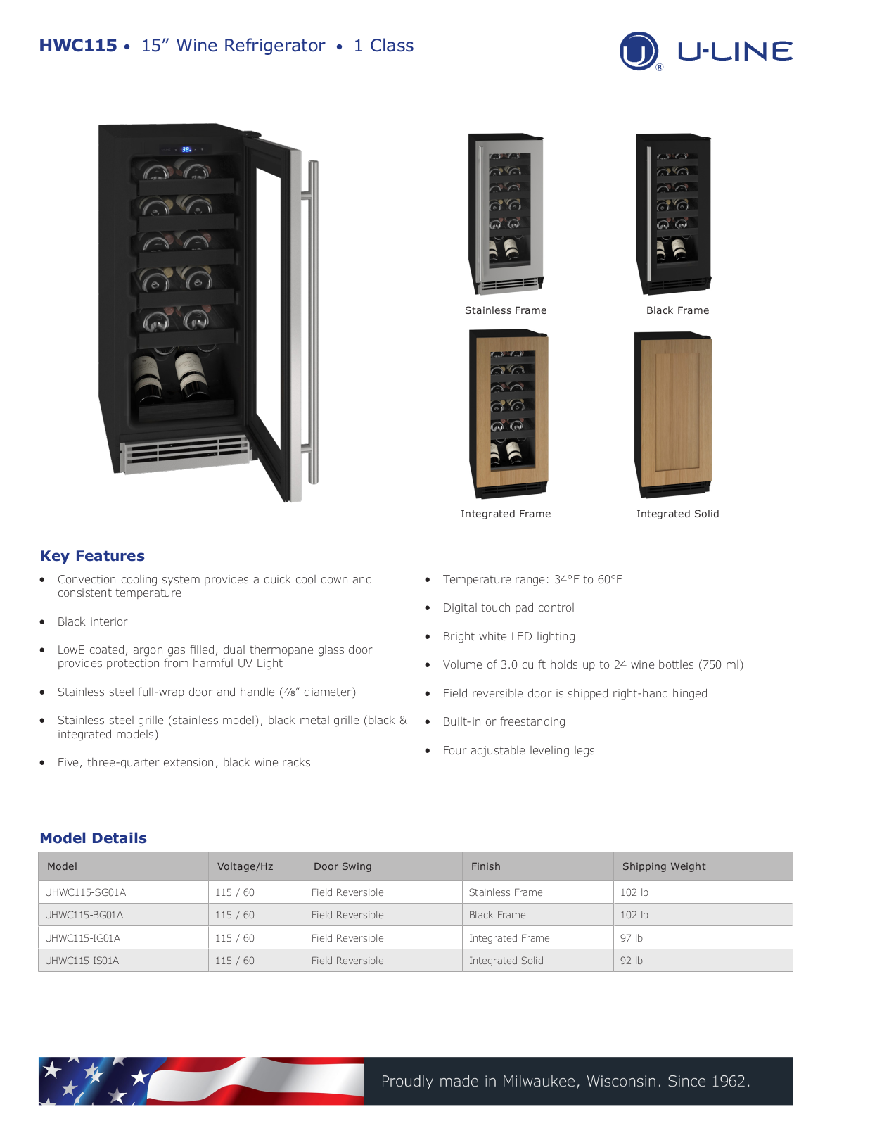 U-Line UHWC115-SG01A, UHWC115-BG01A, UHWC115-IG01A, UHWC115-IS01A Specification Sheet