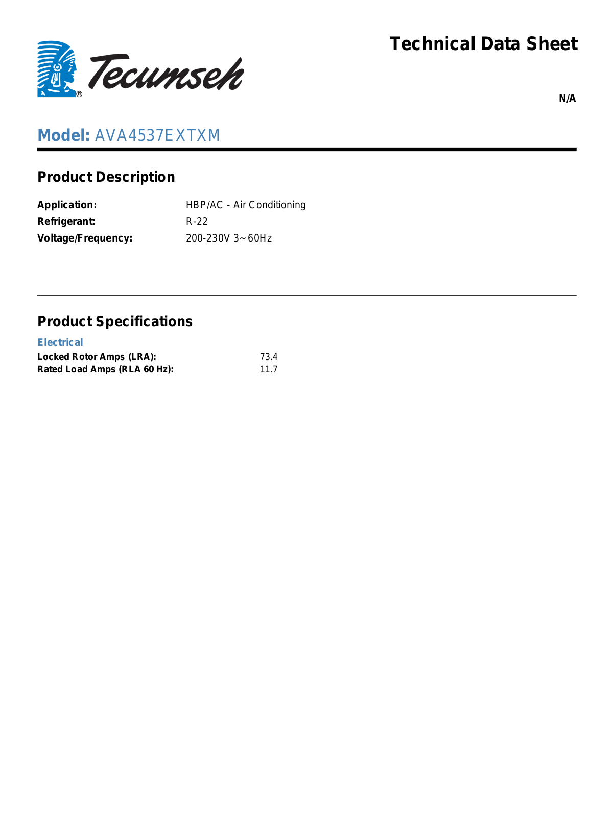 Tecumseh AVA4537EXTXM Technical Data Sheet