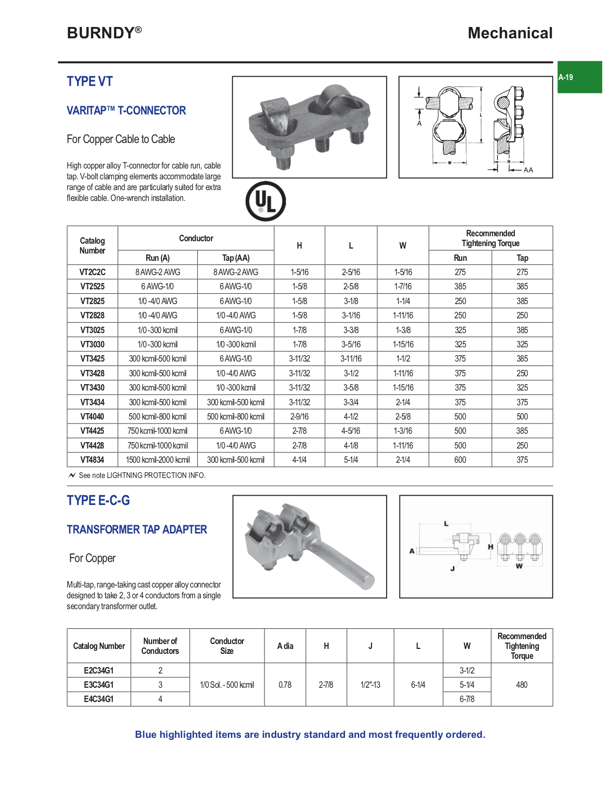 Burndy VT, E-C-G Catalog Page