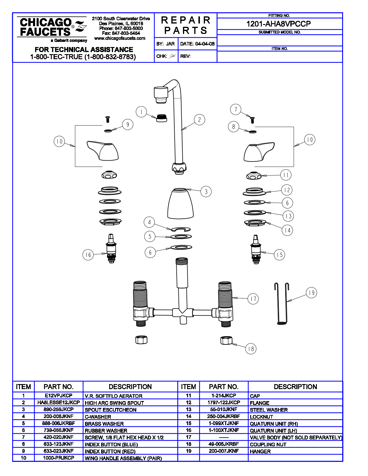 Chicago Faucet 1201-AHA8VPC Parts List