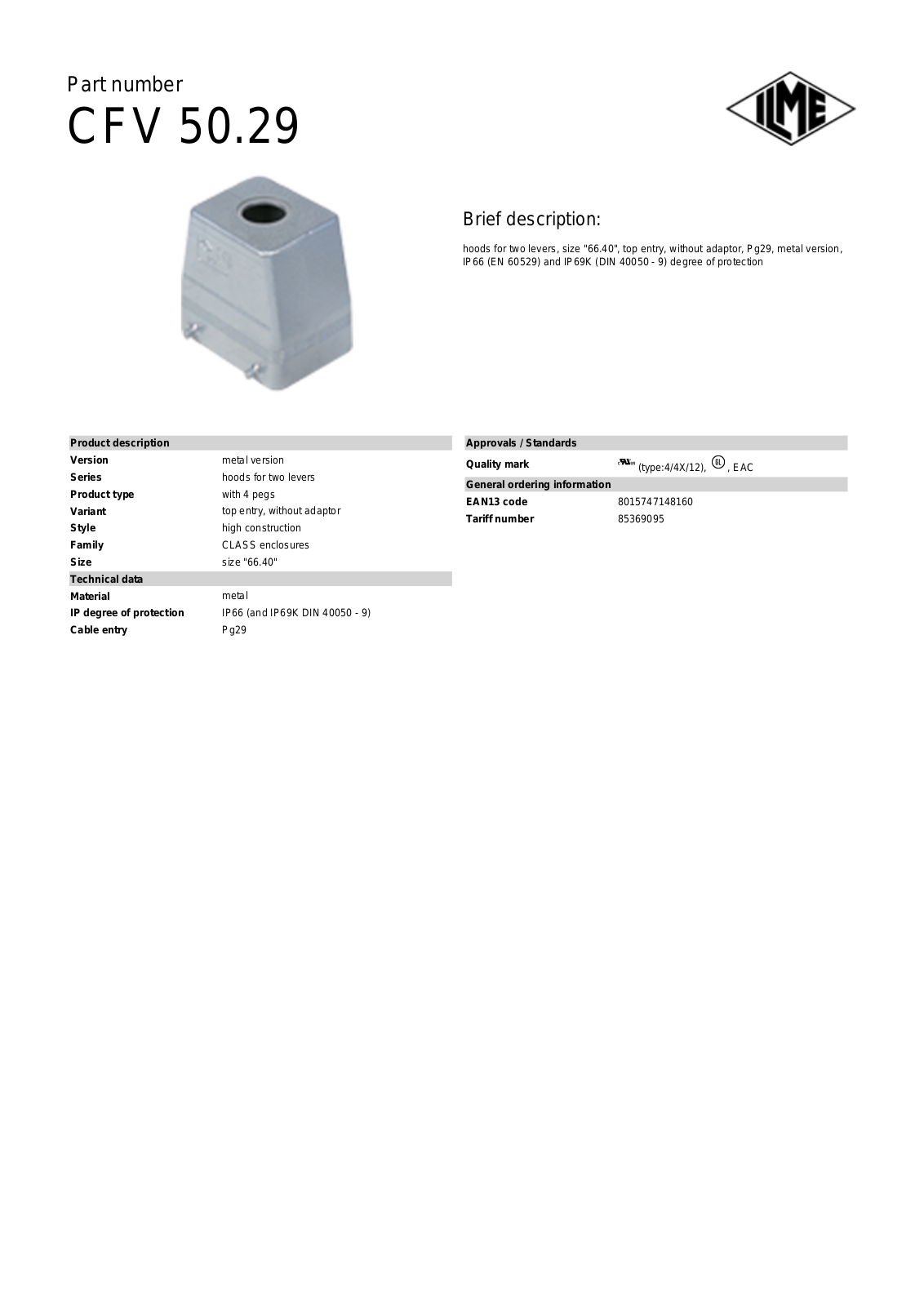 ILME CFV-50.29 Data Sheet