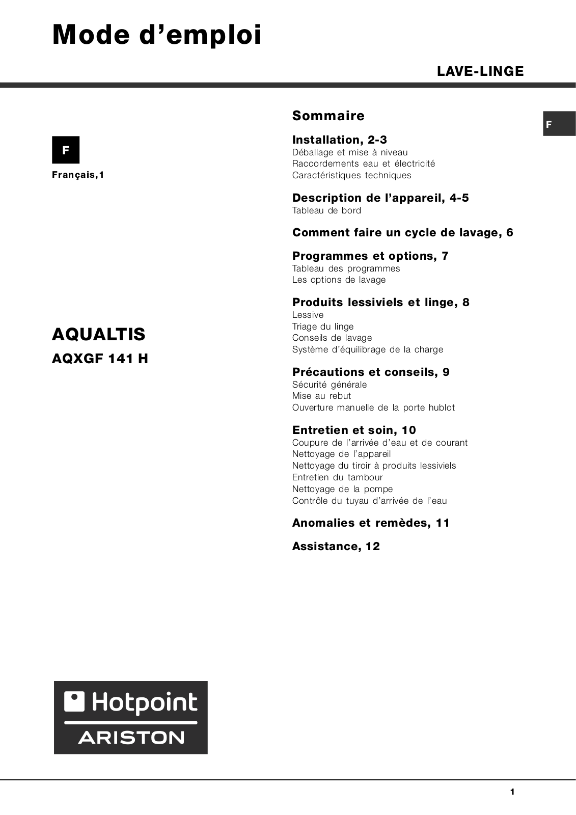 ARISTON AQXGF141H User Manual