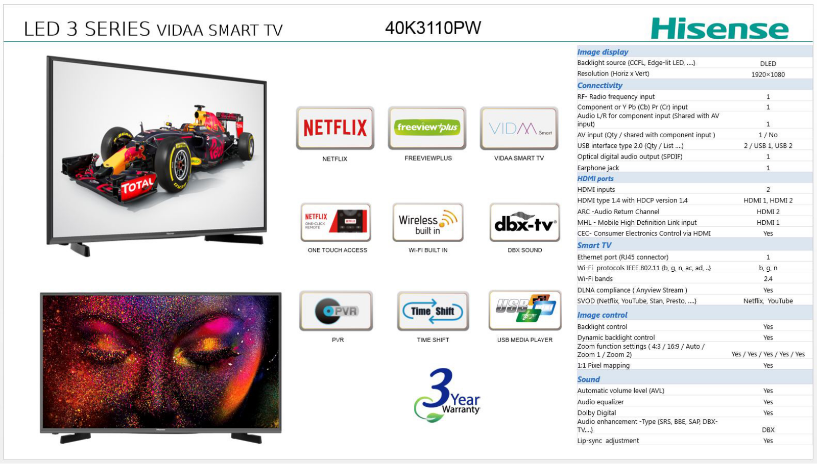 Hisense 40K3110PW Specifications Sheet