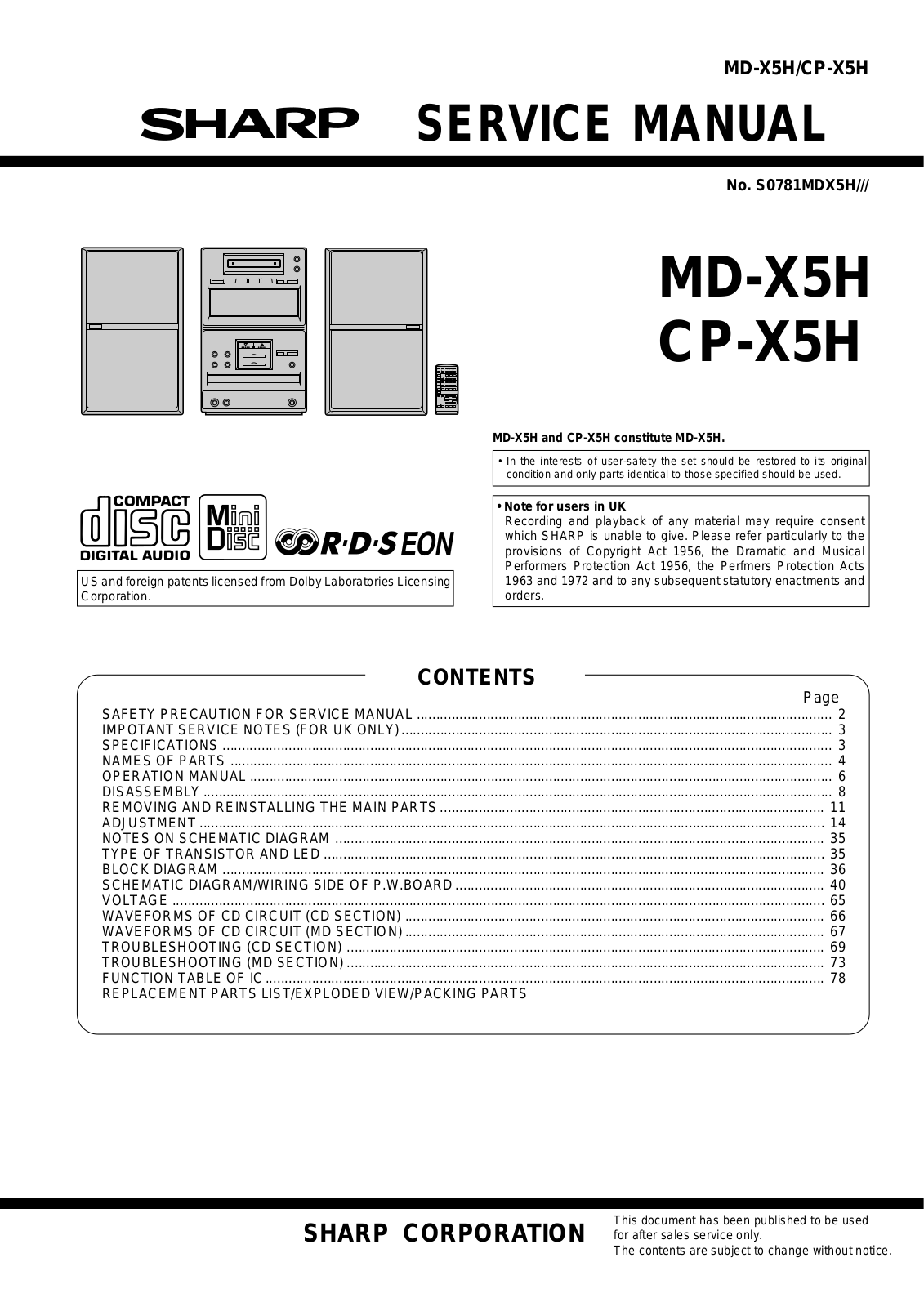 Sharp MDX-5-H, CPX-5-H Service manual