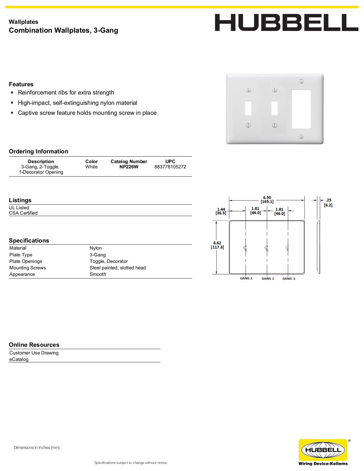 Hubbell NP226W Specifications