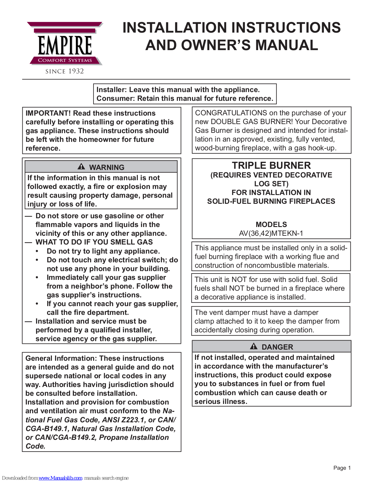 Empire Comfort Systems AV36MTEKN-1, AV42MTEKN-1 Installation Instructions And Owner's Manual