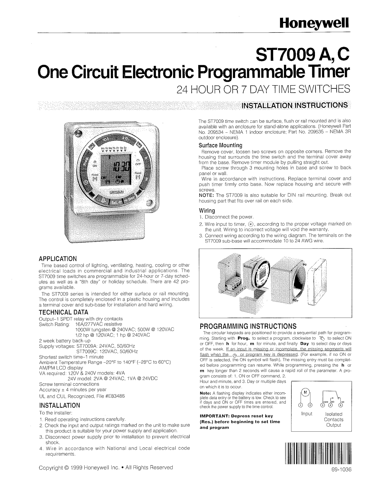 Honeywell ST7009 A, ST7009 C Installation Instructions Manual