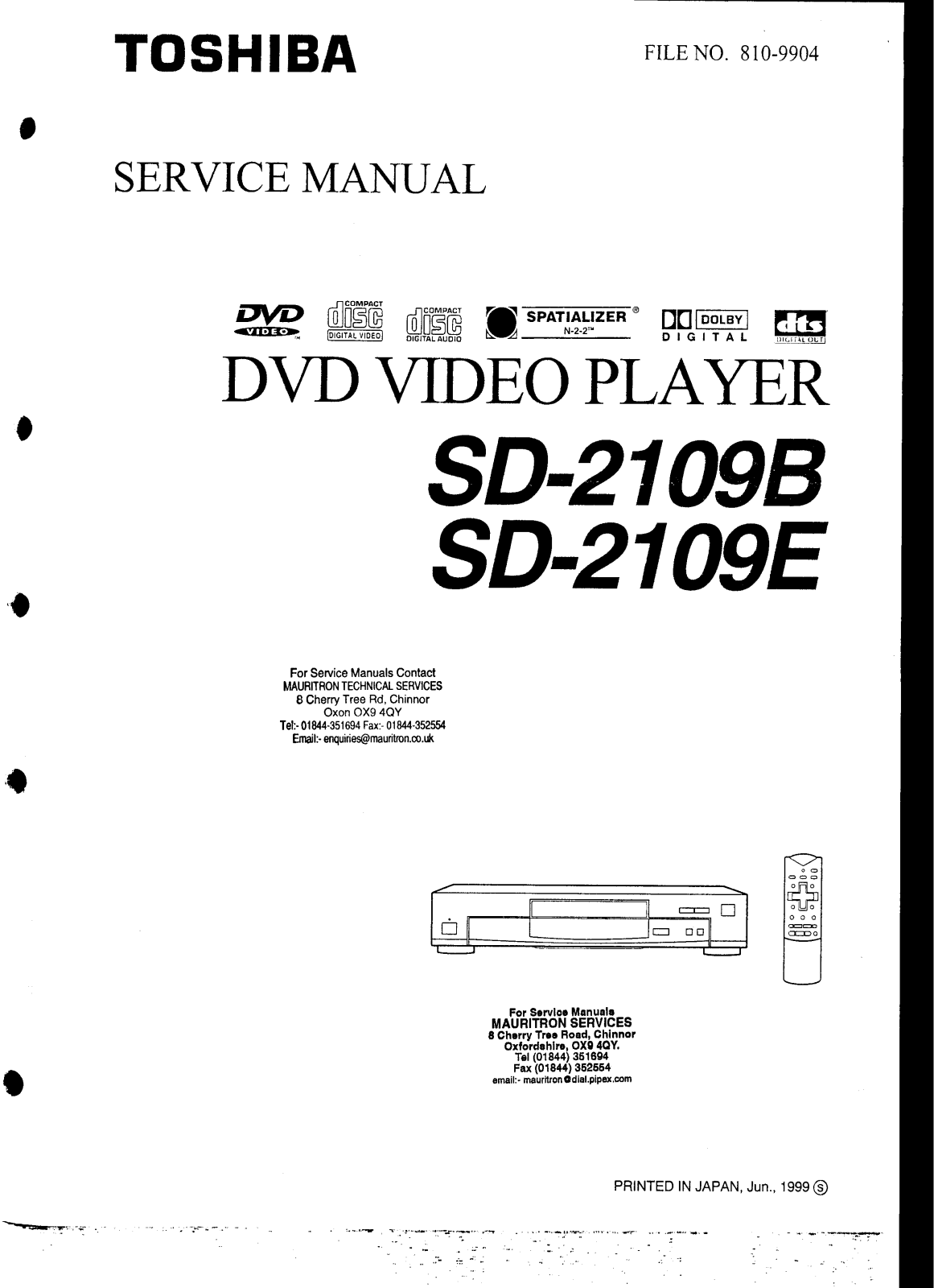 Toshiba SD-2109-B, SD-2109-E Service manual