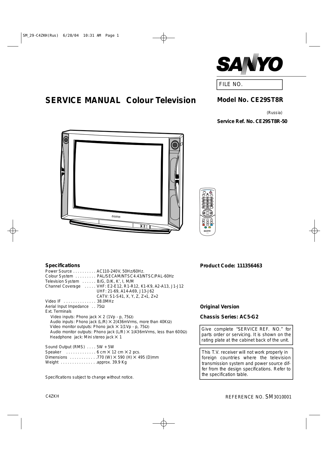 SANYO CE29ST8R Service Manual