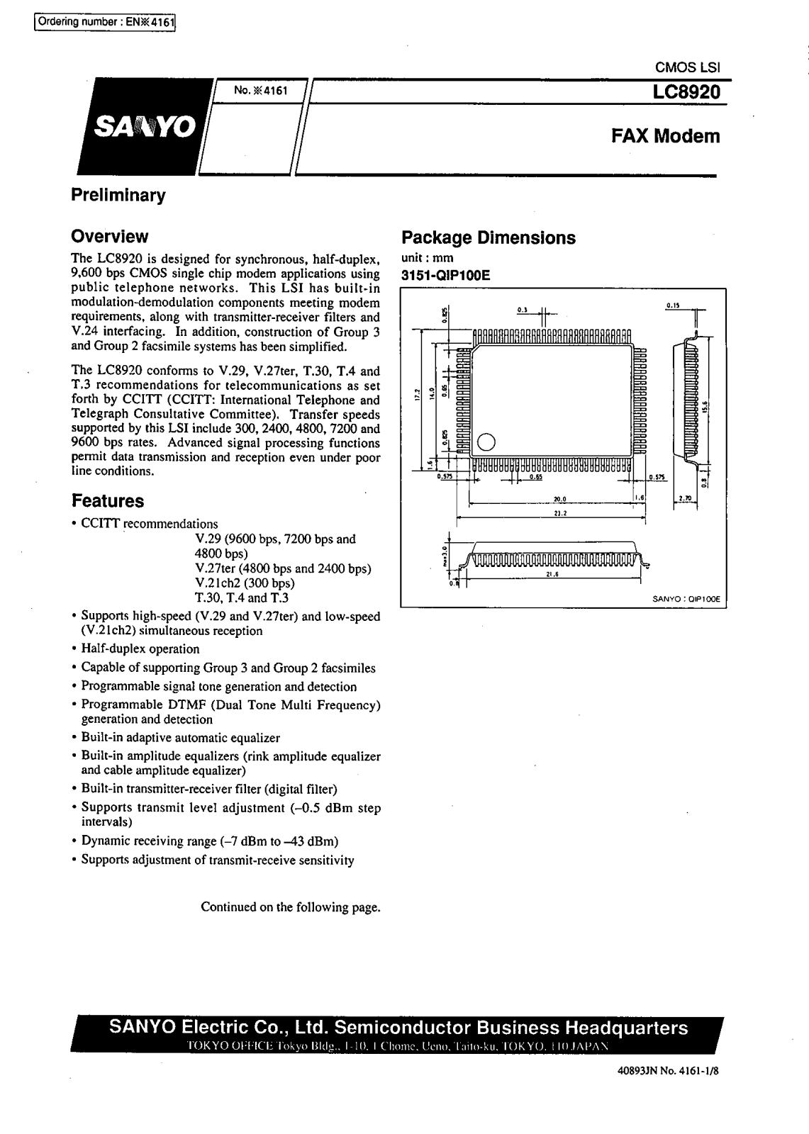 SANYO LC8920 Datasheet