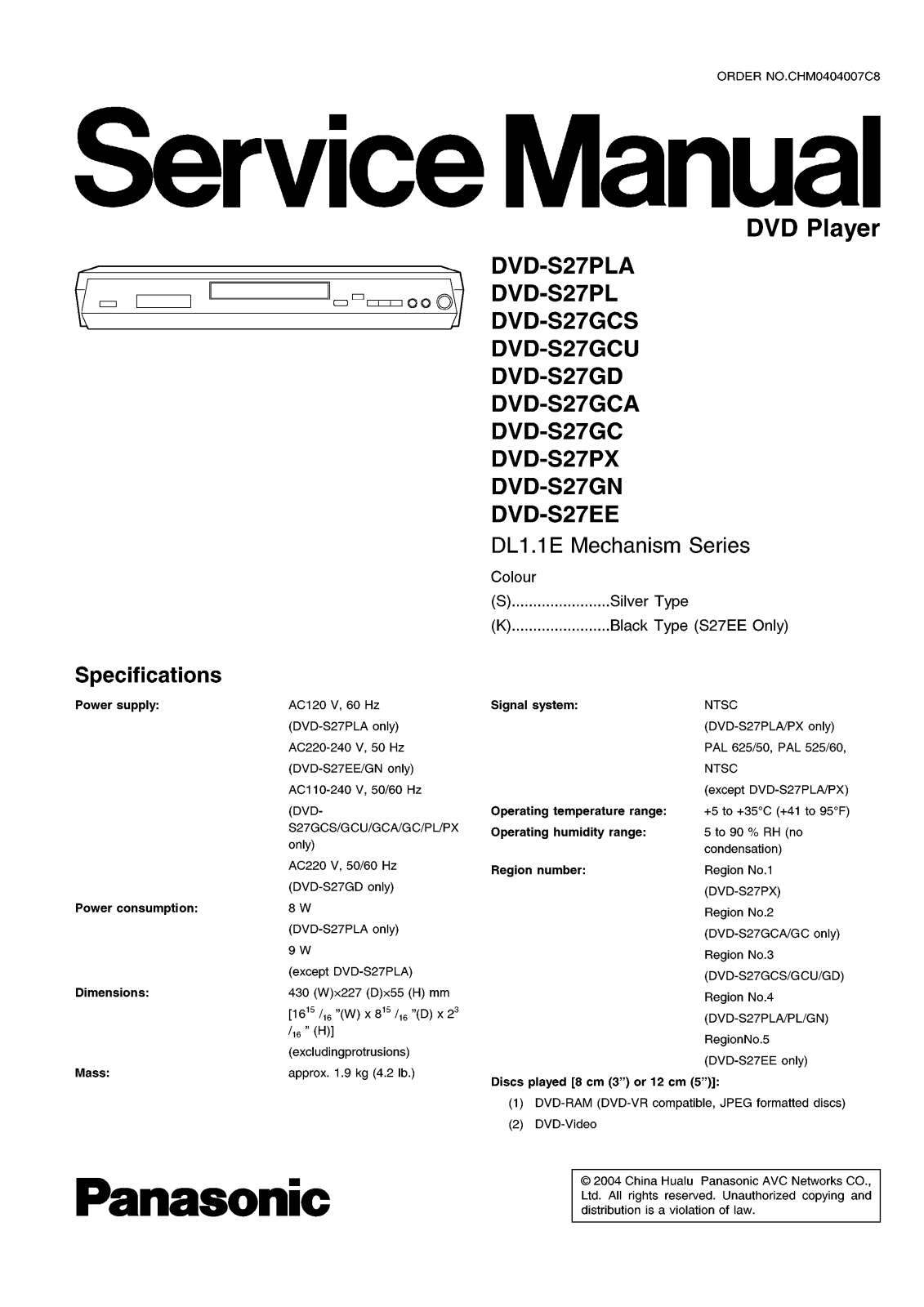 Panasonic DVDS-27 Service manual