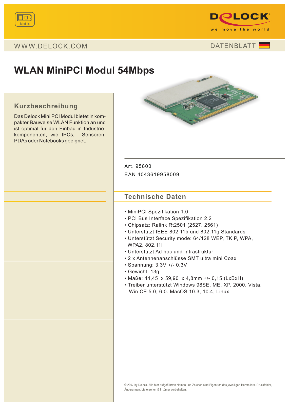 DeLOCK WLAN MiniPCI Modul, 2.4GHz WLAN, Mini PCI User Manual