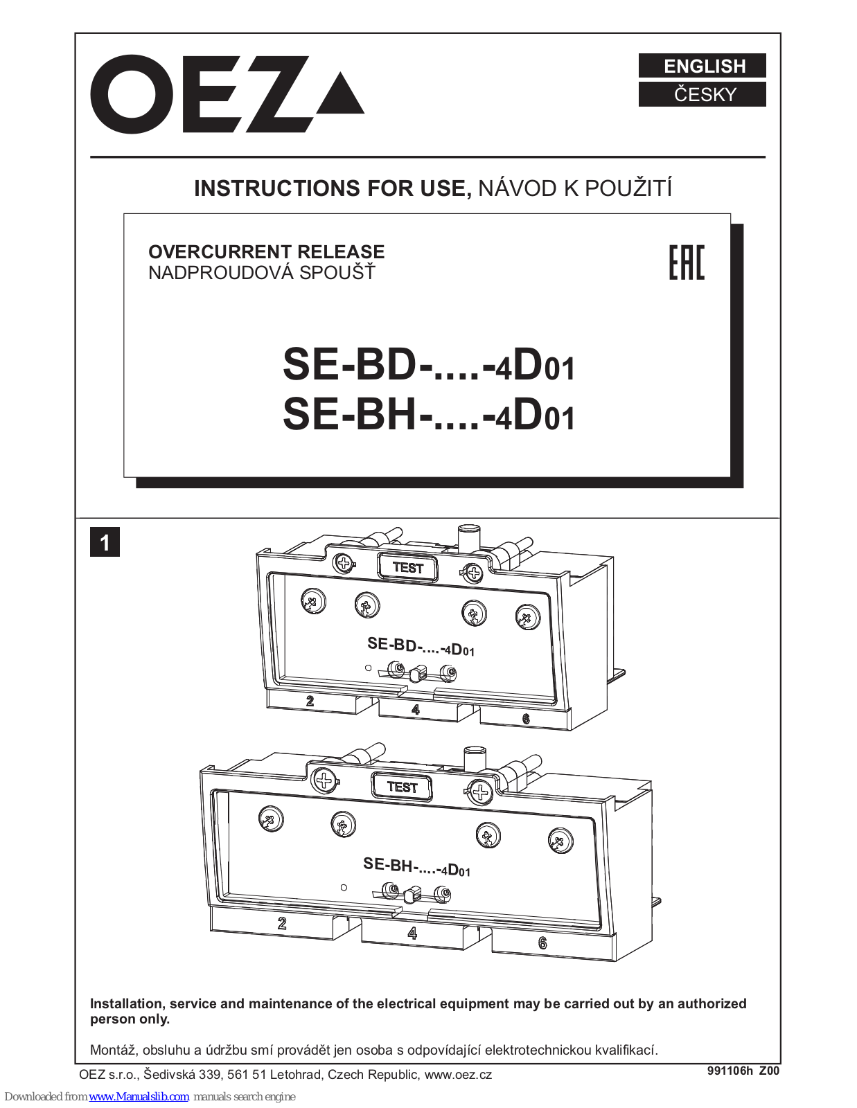 OEZ SE-BH-0250-4D01, SE-BD-0100-4D01, SE-BD-0160-4D01, SE-BD-0250-4D01, SE-BH-0400-4D01 Instruction Manual