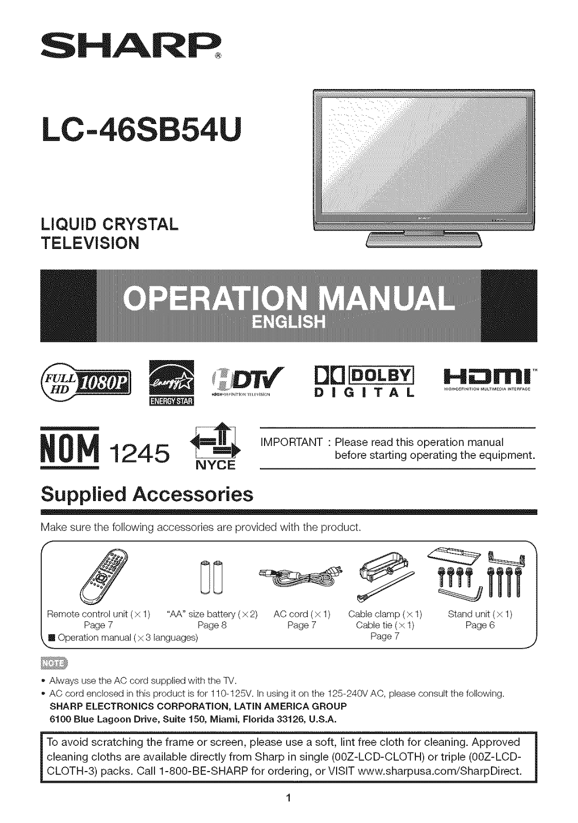 Sharp LC-46SB54U Owner’s Manual