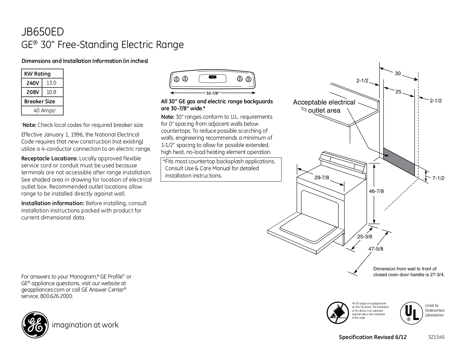 GE JB650ED Specification