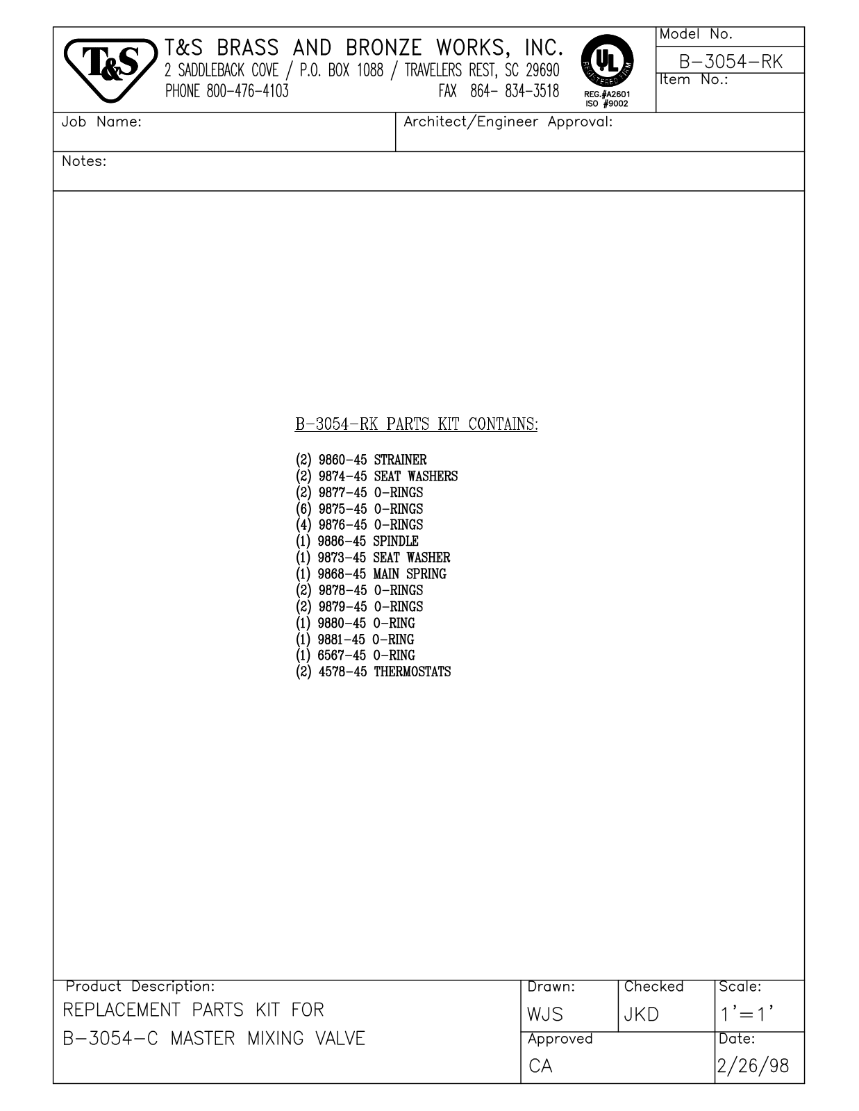 T&S Brass Manuals B-3054-RK Parts List