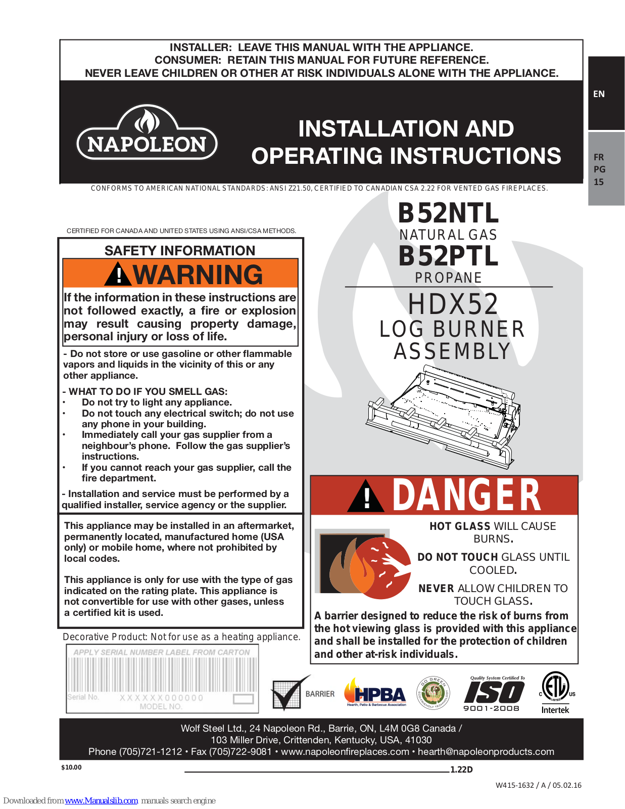 Napoleon HDX52 Installation And Operating Instructions Manual