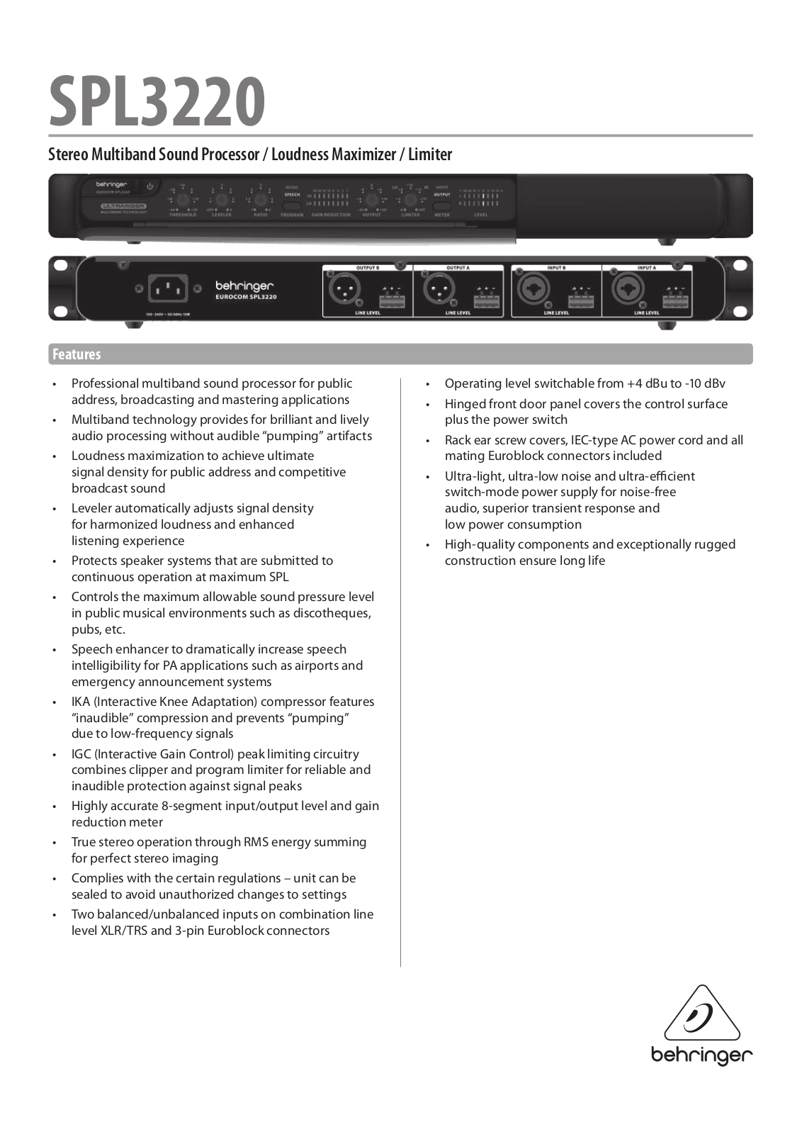 Behringer SPL3220 Specification Sheet