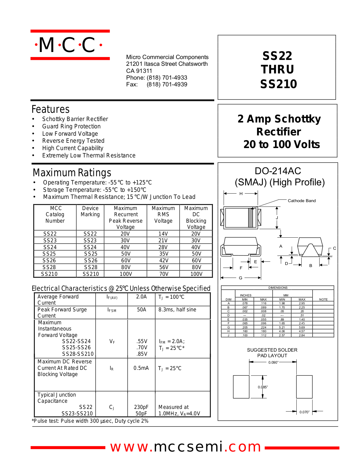 MCC SS28, SS23, SS26, SS24, SS22 Datasheet