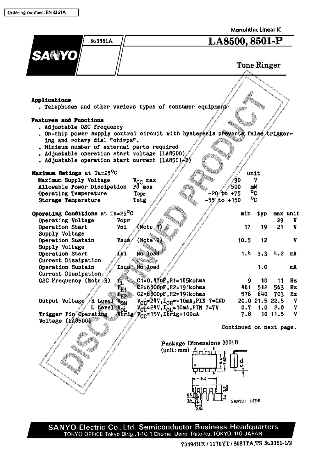 Sanyo LA8500 Specifications