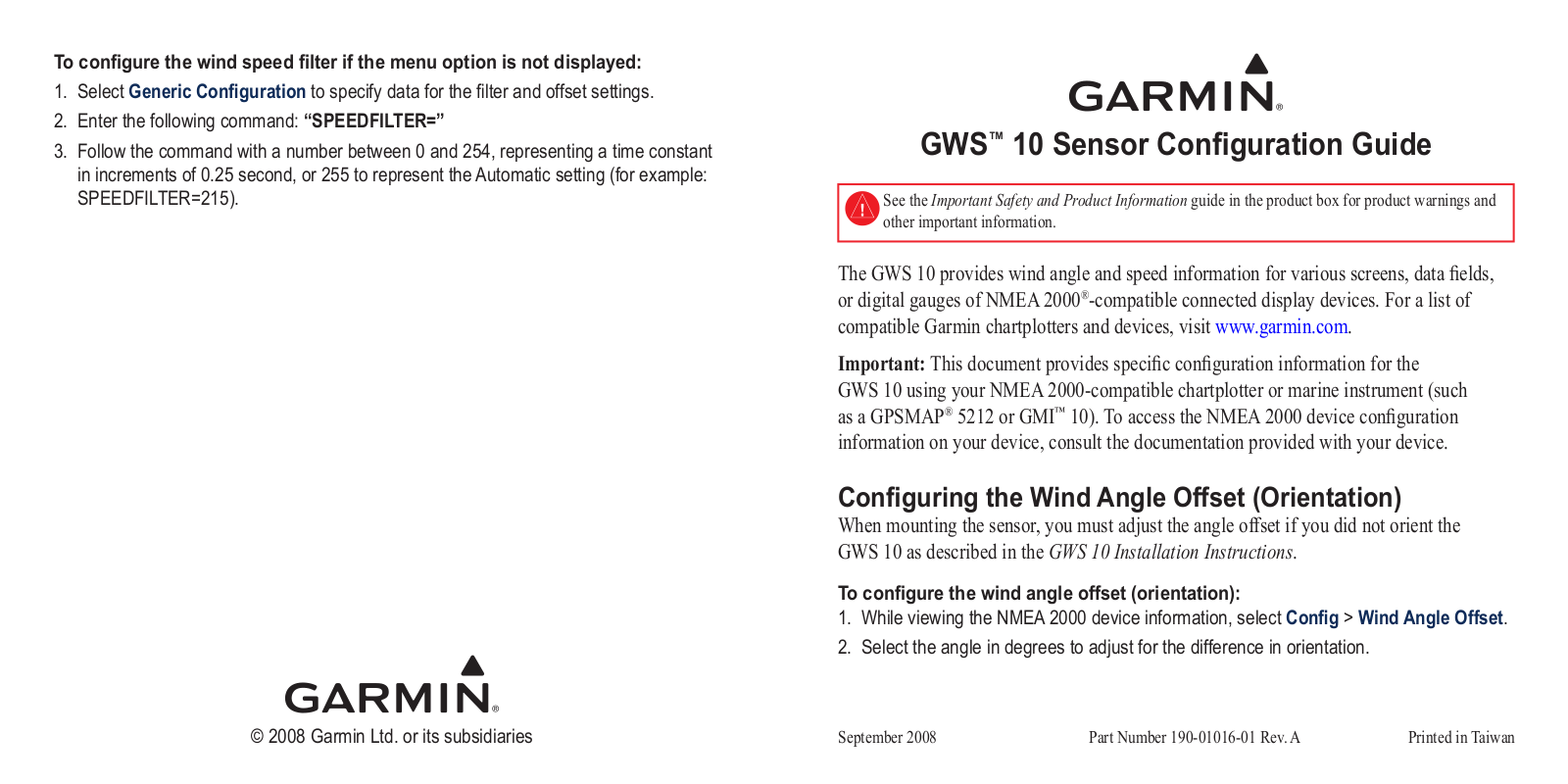 Garmin GWS 10 with GMI 10 and Smart Sensor, GWS 10 with GMI 10 Configuration Guide