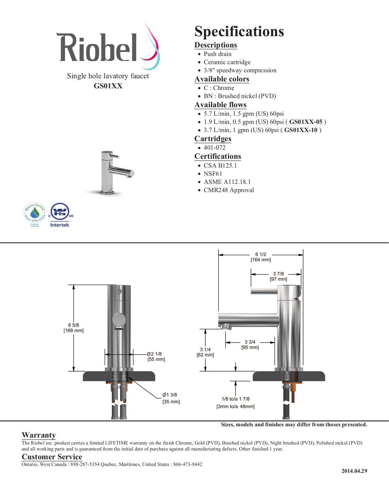 Riobel GS01C10, GS11C10, GS11C05 Specifications - ManualMachine.com