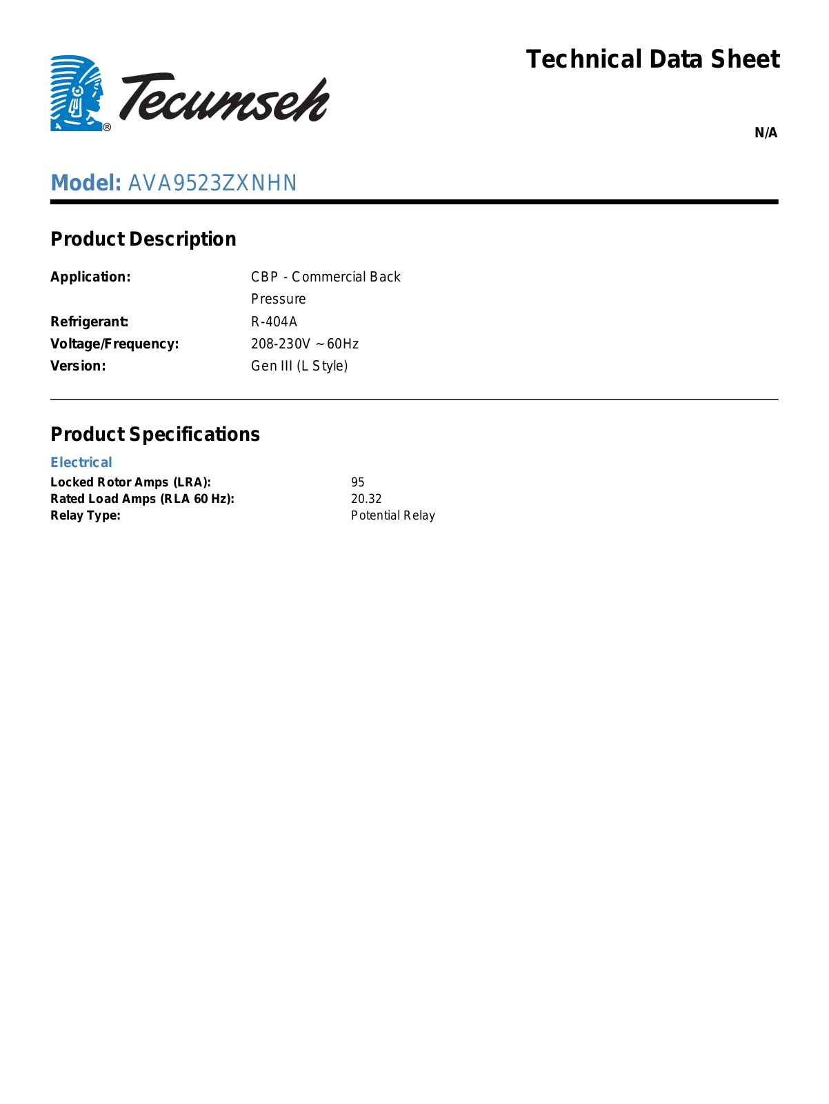 Tecumseh AVA9523ZXNHN Technical Data Sheet