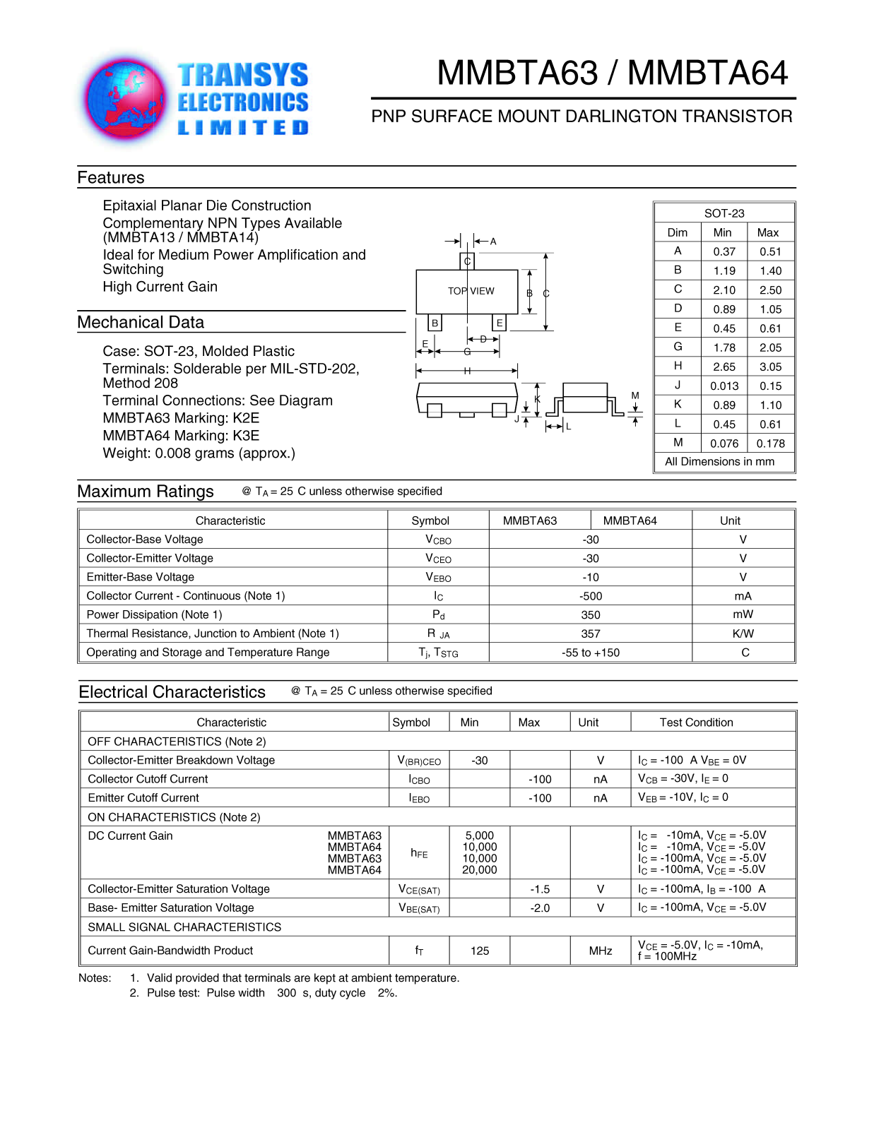 TEL MMBTA64, MMBTA63 Datasheet